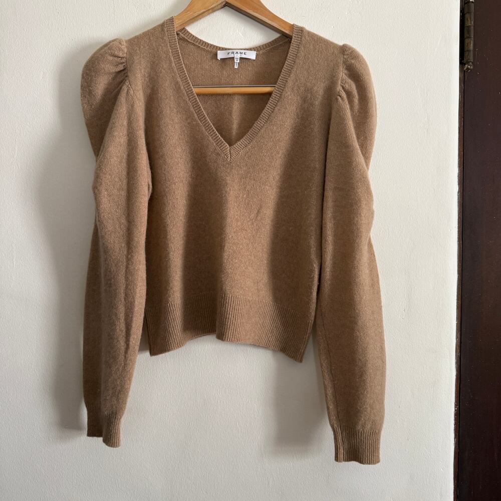 FRAME | Camel Cashmere Puff Sleeve V Neck Sweater | Extra Small